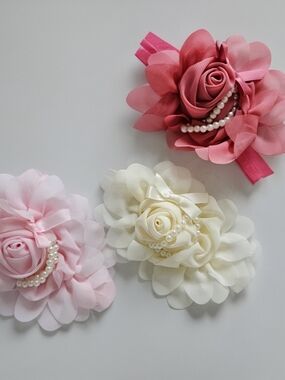 Girls Rose Floral Pearl Headband - Pink, Light Pink & Cream - Set Of 3